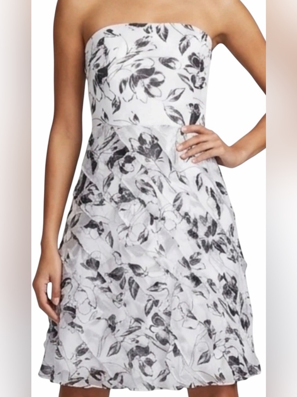 White House Black Market Strapless Black White Floral Chiffon Ruffle Dress Sz 8 - Picture 4 of 8